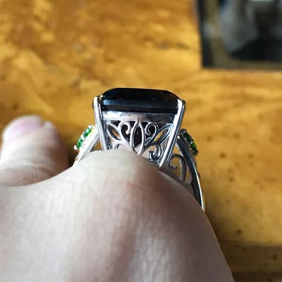 Genuine Smoky Quartz Chrome Diopside Sterling Silver Cocktail Ring Size 8 - Picture 7 of 8